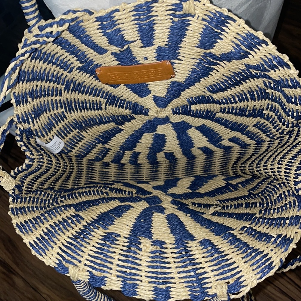 Lulus High Moon Navy Blue and Beige Woven Tote - Picture 8 of 9